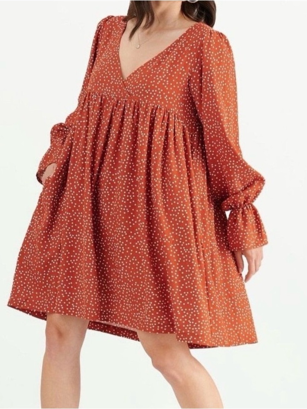 Emma Knudsen Rust Red Polka Dot V-Neck Linen Blend Babydoll Mini Dress Size XXS
